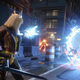 A superhero throws a portal at another superhero on a city street in Marvels Midnight Suns, which has been delayed from March 2022 to late 2022.